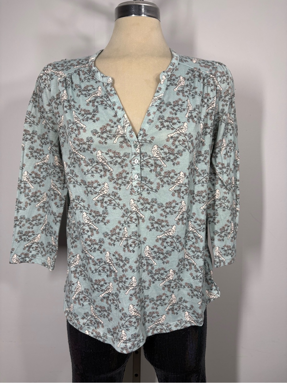 H&M Pale Mint Bird-Print Henley Blouse